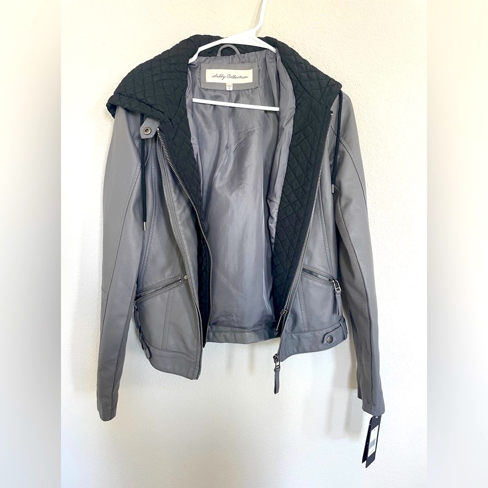 NWT Hooded Faux-Leather Jacket in Grey, Small